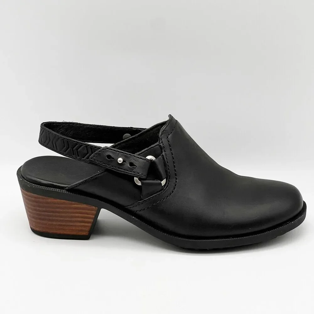 TEVA Foxy Black Leather Adjustable Slingback Mid Block Heel Clogs Women’s 7.5 - Picture 1 of 12